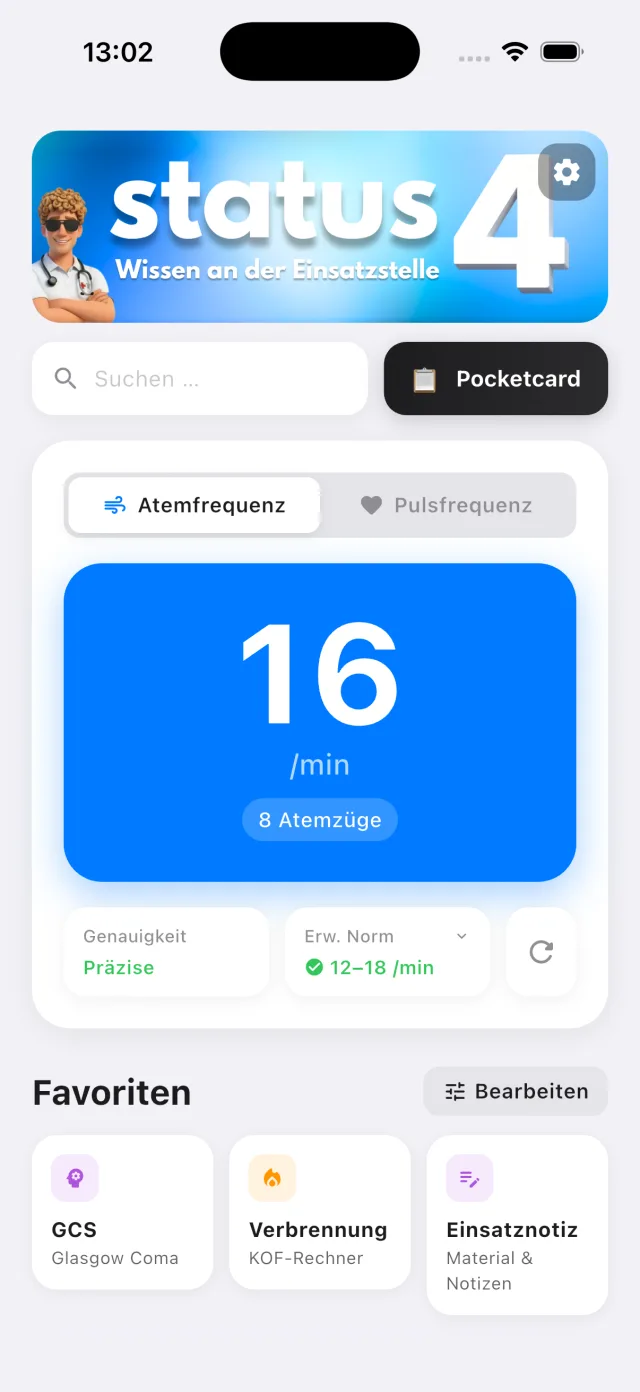 Status 4 Dashboard mit Schnellzugriff, Vitalzeichen-Zähler und Werkzeugen